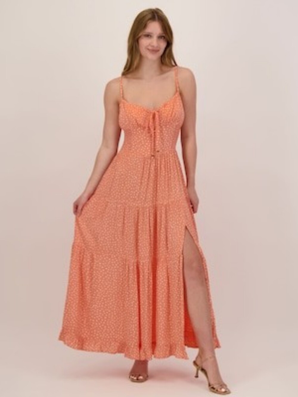 Angie Women's Coral Polka Dot Maxi Dress with Side Slit SZ M New No Tags!
